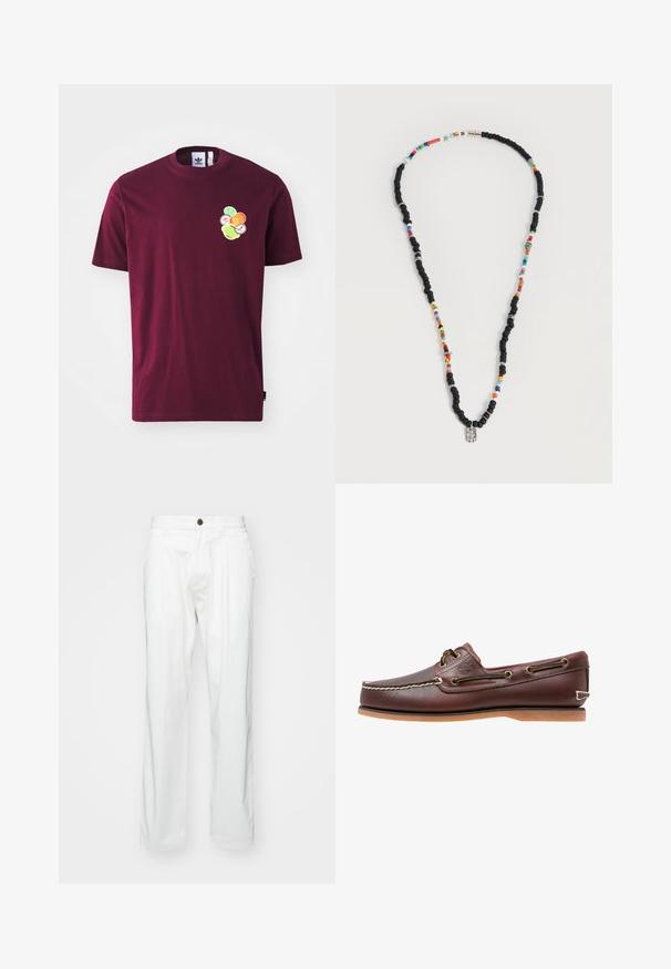 Bordeauxfarbendes Baumwoll-T-Shirt mit kurzen Ärmeln und Rundhalsausschnitt. Mit einem gestickten Grafikmotiv auf der linken Brust, das bunte, kreisförmige Designs umfasst.; Weiße Baumwollhosen mit lockerer Passform, ausgestattet mit einem Knopfverschluss, zwei vorderen Falten und Seitentaschen. Glatte Textur, ohne Muster.; Brauner Leder-Bootsschuh mit weißen Nähten, Schnürdetails und hellbrauner Gummisohle, seitlich auf weißem Hintergrund gezeigt.; Halskette mit abwechselnden schwarzen und mehrfarbigen Perlen, kleinen Silberringen und einem rechteckigen klaren Perlenanhänger.