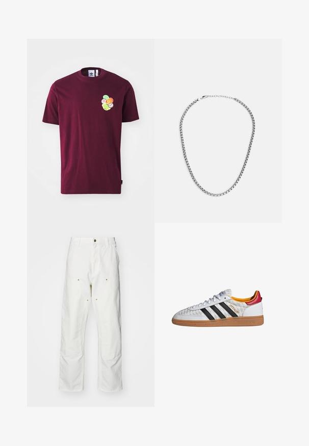 Bordeauxfarbendes Baumwoll-T-Shirt mit kurzen Ärmeln und Rundhalsausschnitt. Mit einem gestickten Grafikmotiv auf der linken Brust, das bunte, kreisförmige Designs umfasst.; Weiße Baumwoll-Cargohose mit lockerer Passform. Zu den Merkmalen gehören Fronttaschen, goldfarbene Hardware-Akzente und verstärkte Kniebereiche.; Weißer Adidas Spezial Sneaker mit schwarzen Streifen, Gummisohle, gestepptem Muster, rotem Fersenlaschen und gelber Innenausstattung, Seitenansicht.; Fossil JEWELRY NECKLACE - Halskette - silver-coloured