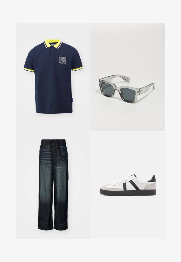 Mørkeblå polo shirt med gul og hvid stribet krave og ærmeaccent. Har Red Bull Racing-logoet på forsiden. Kortærmet design.; Bredde benbukser i mørk denim med en gradvis falmning. Har en elastisk talje med snor. Glat tekstur med subtile slidmønstre.; Hvide sneakers med sorte og grå detaljer, med en tekstureret grå tåhætte, sort gummisål og flade hvide snørebånd. Rent design, minimalistisk stil.; Klare, oversized solbriller med mørke linser, der har en kraftig rektangulær stel og strukturerede stangsnehverv. Fremstillet af transparent kunststof.
