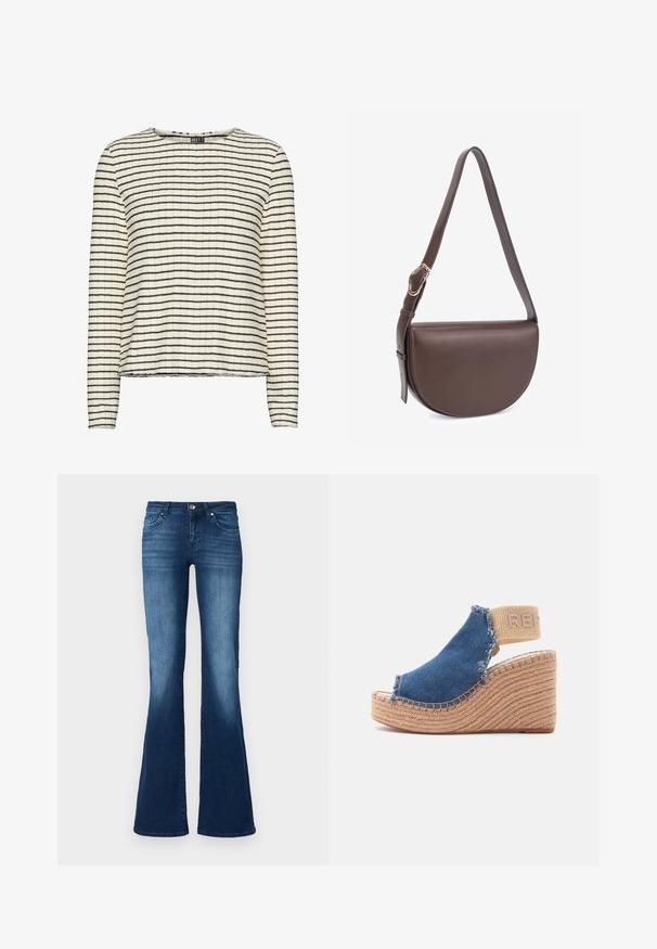 Langsleeve top in een textuur van crèmekleurige stof met smalle zwarte horizontale strepen, met een ronde halslijn en een rechte zoom.; ONLY Tall Flared fit ONLTIGER Low waist Wide Leg - Flared Jeans - dark blue denim; Sandaal met sleehak en bovenwerk van blauw denim, rafelige randen, natuurlijke juten zool en beige elastische hielband met geperst tekst.; Bruine leren crossbodytas met een gebogen vorm, verstelbare riem en gouden metalen accenten. Soepele textuur en minimalistisch ontwerp.