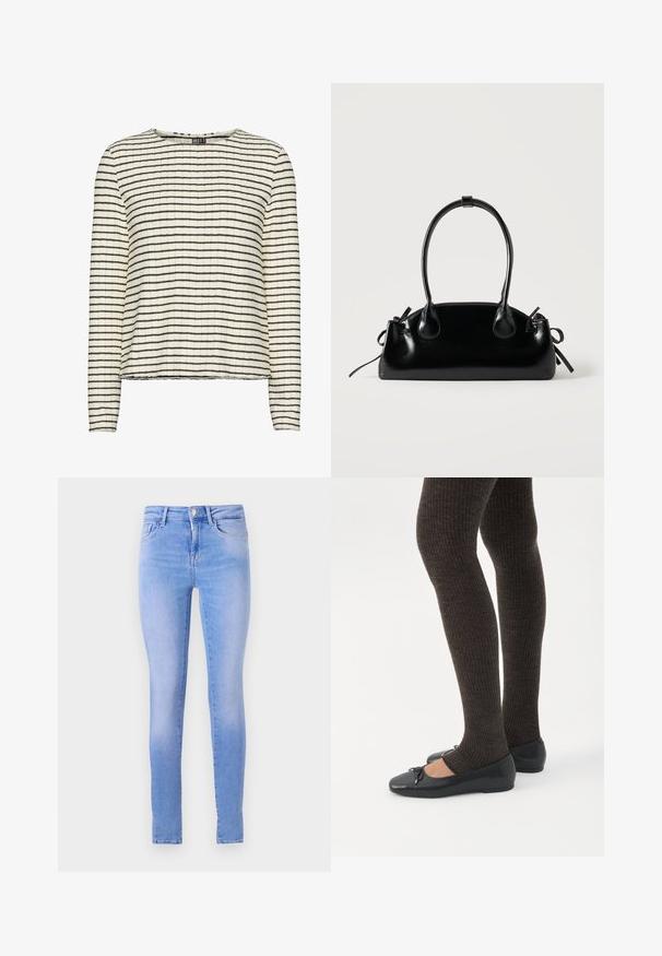 T-shirt à manches longues en tissu texturé crème avec de fines rayures horizontales noires, présentant un col rond et un ourlet droit.; Jean skinny bleu clair avec un délavage, comprenant un design à cinq poches, une fermeture à bouton à l'avant et un ourlet net.; Jambes portant des leggings côtelés foncés associés à des ballerines noires avec de petits détails en nœud sur fond blanc.; Petit sac à main noir brillant avec deux longues anses et des détails à cordon sur les côtés sur un fond clair uni.