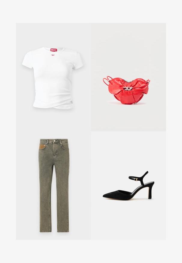 T-shirt blanc à manches courtes en tissu côtelé, mettant en avant un petit logo rouge Diesel sur la poitrine et un détail torsadé près de l'ourlet.; Jean en denim vert avec une coupe droite, doté d'une poche en velours côtelé marron et d'une légère décoloration sur l'ensemble du tissu.; Chaussure à talon haut en daim noir avec bout pointu et fine bride chevillère avec une petite boucle dorée.; Sac à main en cuir rouge en forme de cœur, design froncé, fermeture éclair argentée et grand logo métallique en avant.