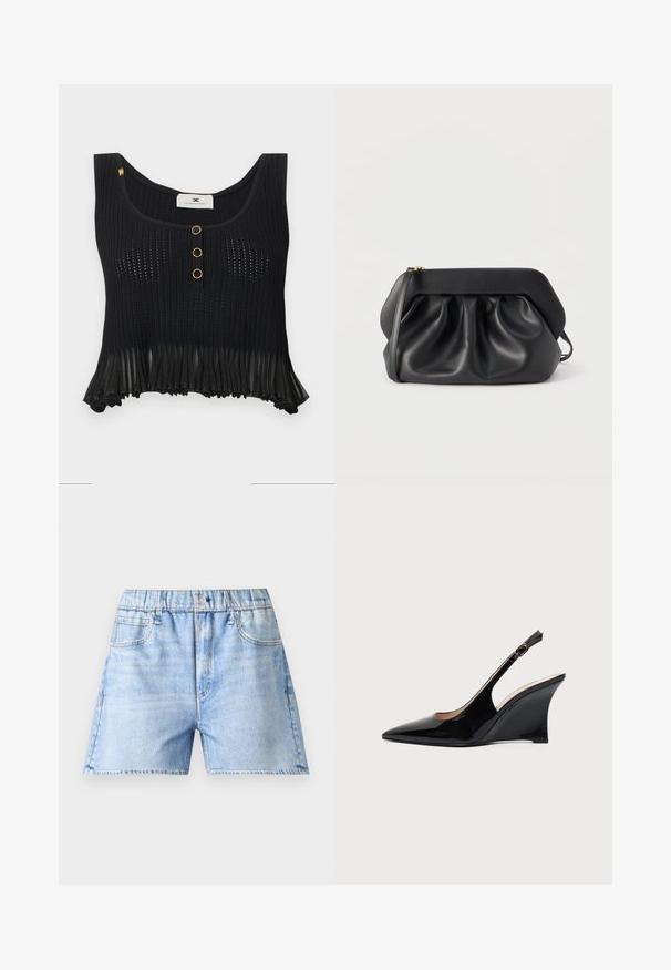 Haut court noir sans manches en maille avec trois boutons dorés sur le devant et un détail d'ourlet transparent à volants.; Short en denim bleu clair avec taille élastique, fermeture par bouton, poches avant et léger effet délavé.; Chaussure compensée à bride arrière en cuir verni noir avec bout pointu et boucle réglable à la cheville sur fond blanc.; Pochette en cuir noir avec une structure rigide, des détails froncés et une fine lanière de poignet sur fond blanc.