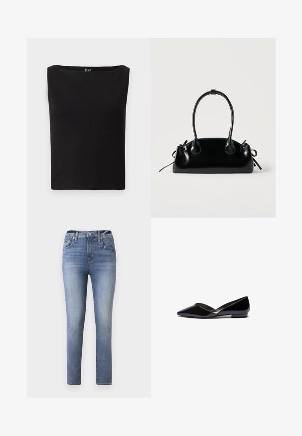 Haut noir ajusté avec un décolleté carré, fabriqué en matériau en coton doux, sans motifs ni accents supplémentaires. Design simple et épuré.; Jean taille haute bleu clair avec une coupe slim, dotée de cinq poches et d'une fermeture éclair, fabriquée en denim avec une texture lisse.; Ballerines en cuir verni noir à bout pointu avec un dessus en V, un talon plat et mince, et une texture lisse. Design minimaliste sans quincaillerie visible.; Petit sac à main noir brillant avec deux longues anses et des détails à cordon sur les côtés sur un fond clair uni.