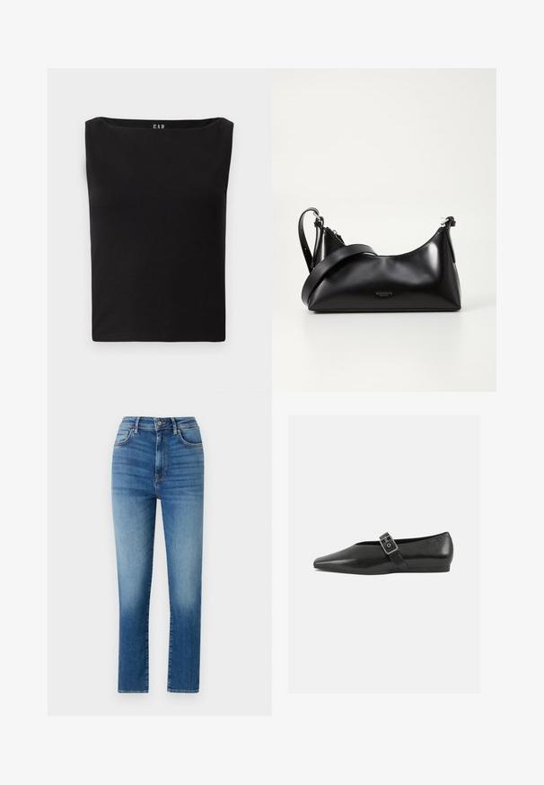Haut noir ajusté avec un décolleté carré, fabriqué en matériau en coton doux, sans motifs ni accents supplémentaires. Design simple et épuré.; Jeans taille haute en denim, dotés d'une coupe droite, de cinq poches et d'un subtil délavage pour ajouter de la texture et des détails.; Chaussure plate en cuir noir avec un orteil pointu, présentant une sangle à boucle métallique sur le cou-de-pied et une semelle basse et flexible.; Sac à main en cuir noir avec une texture lisse. Dispose d'une bandoulière adjustable et d'un design élégant et minimaliste avec une fermeture éclair.