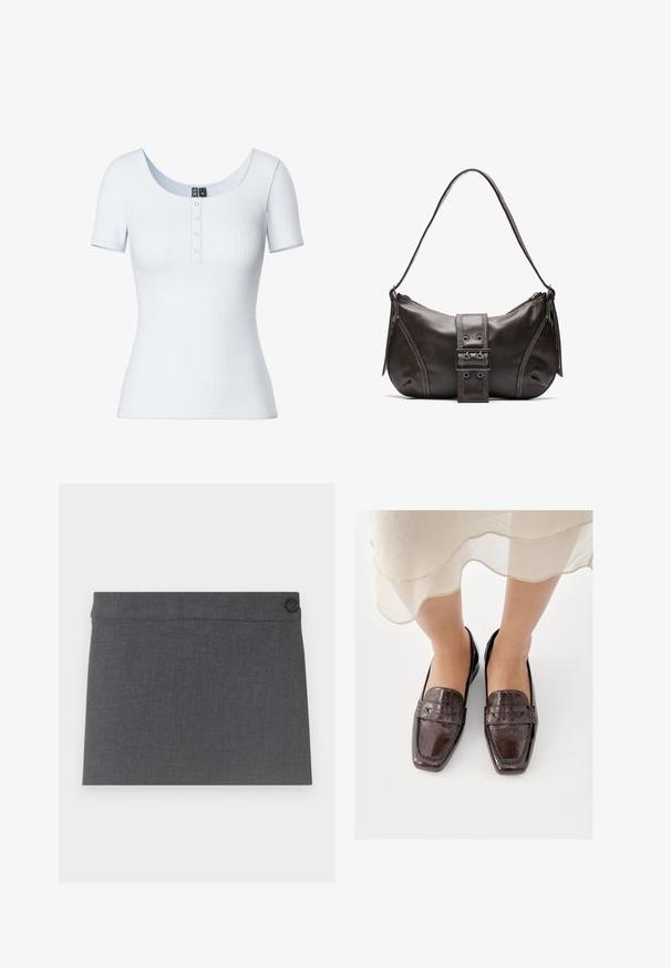 Top de manga corta de color azul claro, con un escote redondeado y una botonera de cinco botones en la parte delantera. Tela suave y elástica con un diseño ajustado.; Falda de tela gris con una textura suave, diseño recto y un solo botón negro en la cinturilla, con una estética limpia y simple.; Mocasines de cuero marrón con un acabado brillante, que presentan una punta cuadrada, detalles cosidos y un tacón bajo y plano.; Bolso de hombro de cuero marrón con forma curva, que presenta un prominente detalle de hebilla, costuras en contraste y una sola correa para el hombro.