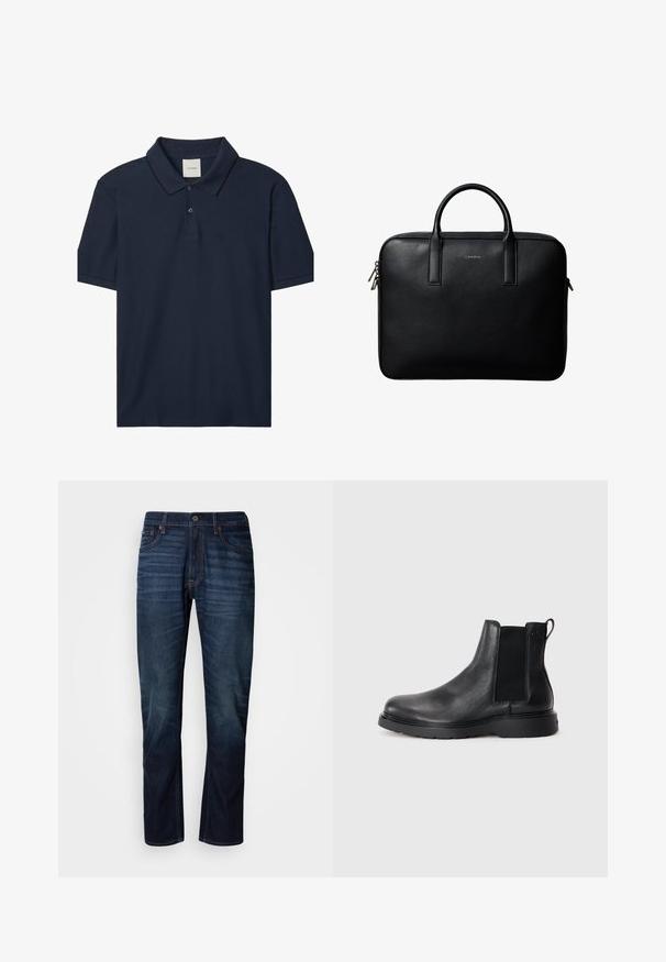 Polo bleu marine à manches courtes avec deux boutons, col côtelé avec fine bordure noire, et petit logo "ck" sur la poitrine gauche.; Jeans droits bleu marine avec des lignes horizontales décolorées sur les cuisses, fermeture à bouton à l'avant et design classique à cinq poches.; Bottes Chelsea en cuir noir avec une finition texturée, des panneaux latéraux élastiques et une semelle en caoutchouc robuste. Branding subtil sur le talon.; Mallette en cuir noir texturé avec double poignées et tirettes de fermeture éclair argentées, centrée sur fond blanc.