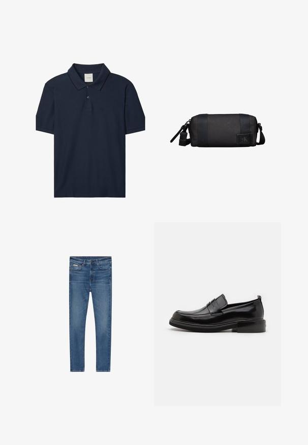Polo bleu marine à manches courtes avec deux boutons, col côtelé avec fine bordure noire, et petit logo "ck" sur la poitrine gauche.; Jean en denim bleu coupe slim, cinq poches, fermeture par boutons et légère décoloration sur les cuisses et les genoux.; Calvin Klein MOCCASIN - Mocassins de ville - black; Trousse de toilette compacte noire de forme cylindrique avec une sangle ajustable et un logo Calvin Klein sur le patch avant.