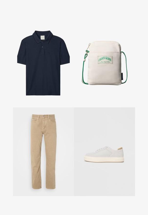 Marineblaues Polohemd mit kurzen Ärmeln, zwei Knöpfen, geripptem Kragen mit feiner schwarzer Umrandung und kleinem "ck"-Logo auf der linken Brust.; Beige Baumwollhose mit geradem Bein, ausgestattet mit Fronttaschen, einem Knopfverschluss und dezenten Nähten entlang der Säume.; Hellgraue Sneaker mit einer glatten Synthetik-Oberfläche, runder Spitze und einer strukturierten cremefarbenen Zwischensohle. Helle tanfarbene Akzente an der Ferse.; Kleine beige Umhängetasche mit grünem, verstellbarem Kordelriemen, einer vorderen Reißverschlusstasche und einem Calvin Klein New York City Logo-Patch.