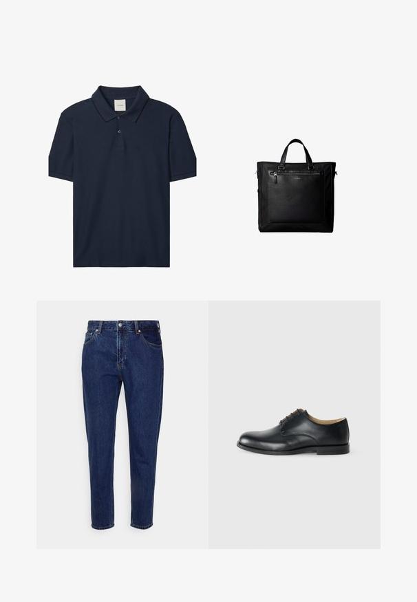 Marineblaues Polohemd mit kurzen Ärmeln, zwei Knöpfen, geripptem Kragen mit feiner schwarzer Umrandung und kleinem "ck"-Logo auf der linken Brust.; Dunkelblaue Jeans mit geradem Bein, vorderer Knopf- und Reißverschluss, Gürtelschlaufen sowie Vorder- und Gesäßtaschen.; Calvin Klein ESS DERBY - Schnürer - triple black; Schwarze Tragetasche mit Doppelgriffen, großer vorderer Ledertasche mit Reißverschluss und dezentem Calvin Klein-Logo in der Mitte der Tasche.