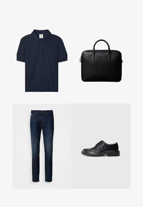 Marineblauw poloshirt met korte mouwen, twee knopen, geribde kraag met dunne zwarte rand en klein "ck"-logo op de linkerborst.; Donkerblauwe denim jeans met een rechte pasvorm, voorzien van een ritssluiting, knoopsluiting en voor- en achterzakken. Subtiele vervaging op de dijen.; Zwarte leren oxford-schoen met ronde neus, vetersluiting aan de voorkant en een lage gestapelde hak op een effen lichte achtergrond.; Zwarte gestructureerde leren aktetas met dubbele handvatten en zilveren ritstrekkers, gecentreerd op een witte achtergrond.