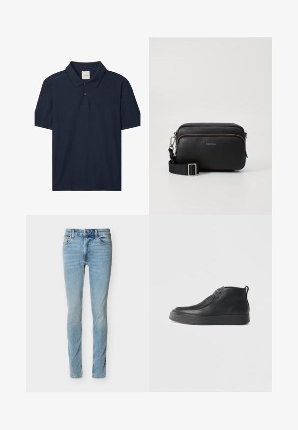 Marineblauw poloshirt met korte mouwen, twee knopen, geribde kraag met dunne zwarte rand en klein "ck"-logo op de linkerborst.; Lichtblauwe slim fit spijkerbroek met knoopsluiting aan de voorkant, ritssluiting en vijf zakken, tentoongesteld tegen een witte achtergrond.; Zwarte leren enkelboot met een gestructureerd oppervlak, vetersluiting aan de voorkant, een hefboom aan de hiel en een dikke rubberen zool op een lichte achtergrond.; Zwarte leren schoudertas met twee ritscompartimenten, gestructureerd afwerking, verstelbare schouderband en zilveren hardware-accenten. Calvin Klein-logo zichtbaar.