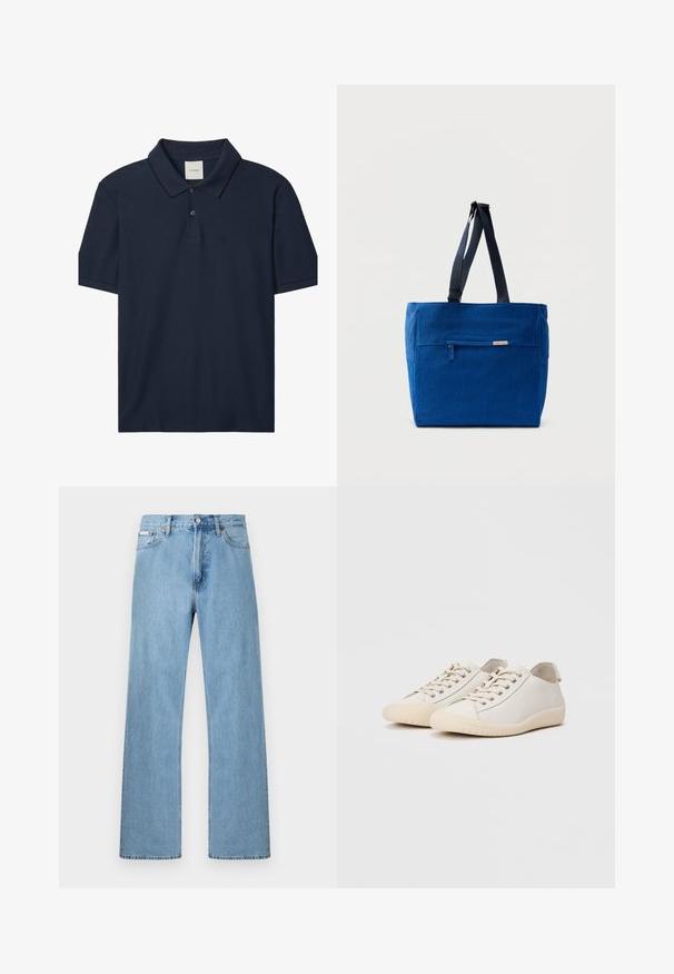 Polo bleu marine à manches courtes avec deux boutons, col côtelé avec fine bordure noire, et petit logo "ck" sur la poitrine gauche.; Jean en denim bleu clair coupe droite à cinq poches avec fermeture à boutons à la taille, présenté sur un fond uni.; Baskets blanches en cuir lisse avec des coutures ton sur ton, fermeture à lacets, bout arrondi et semelle en caoutchouc texturée.; Sac fourre-tout en toile bleue avec une poche zippée à l'avant, des doubles bretelles et une forme rectangulaire. Dispose d'une étiquette de marque discrète.