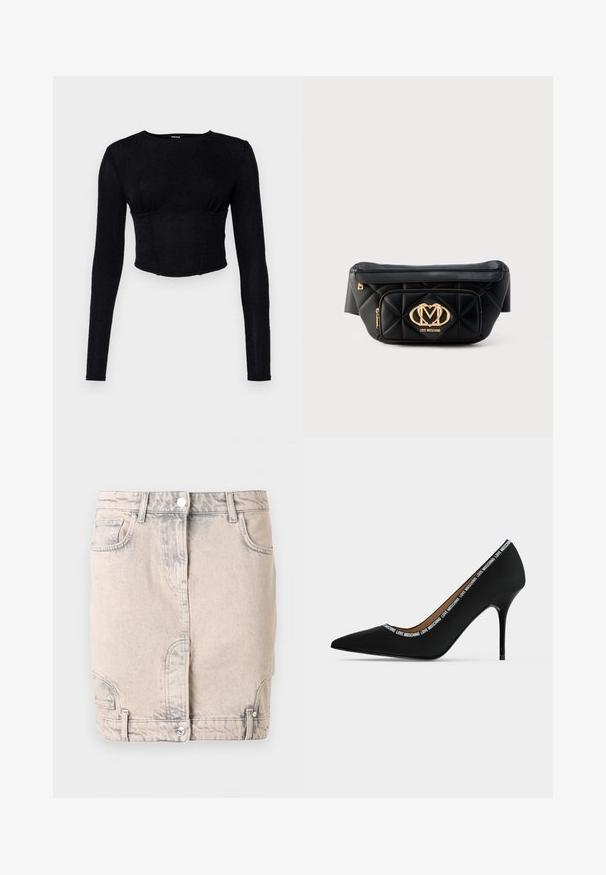 Musta pitkähihainen crop-top, joka on valmistettu teksturoidusta kankaasta. Siinä on istuva muotoilu ja rypytetty yksityiskohta rinnan kohdalla.; Vaaleanbeige denimmekko, jossa on etuosan napitus, vyölenkit, viistot taskut ja hillitty haalistunut viimeistely.; Musta kärjistetty korkokenkä, jossa on piikkikorko ja tekstikoriste "LOVE MOSCHINO" avauksen reunalla, sivunäkymä valkoisella taustalla.; Musta tikattu nahkainen vyölaukku, jossa on kultainen Love Moschino -logoplaatti ja etutaskun vetoketju, valkoisella taustalla.