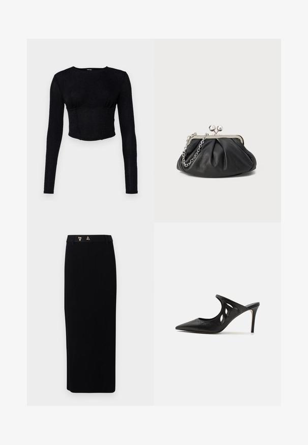 Sort langærmet crop top lavet af tekstureret stof, med en tætsiddende pasform og rynket detaljer ved brystet.; AERON FORUM - Pencil skirt - black; Sorte læder højhælede mules med spids tå, udskåret sideskærm og glat tekstur. Stiletthæl og subtil syning.; Sort læder clutch med samlet tekstur, sølvfarvet metalramme, kys-lås lukning og kædestrop. Glat, blød overflade.