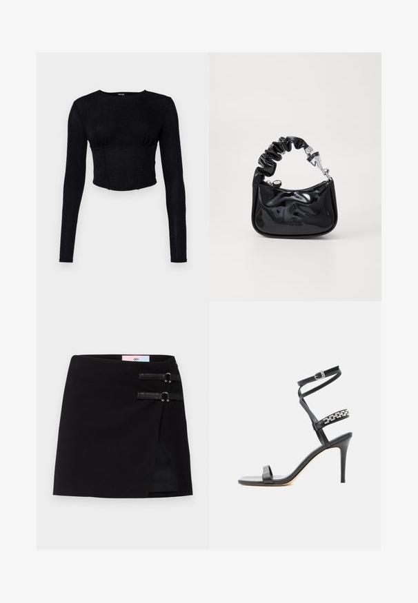 Zwarte lange mouwen crop top van gestructureerde stof, met een getailleerd ontwerp en plooidetails bij de buste.; Zwarte mini rok met een wikkeldesign, met twee decoratieve zwarte banden met metalen accenten aan de voorkant. Glad textiel.; Zwarte sandaal met hoge hak, smalle enkelband, middenvoetband versierd met zilveren schakels en een open teenontwerp.; Zwarte, glanzende handtas van patenten materiaal met een gerimpelde handgreep, zilverkleurige hardware, ronde vorm, ritssluiting en een gladde, glanzende textuur.