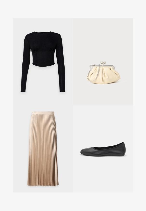 Must mustriga pikkade varrukatega crop-top, mis on valmistatud tekstureeritud kangast, millel on liibuv disain ja kogutud detailid rinnaosas.; Beež värvi kõrge vöökohaga volditud midi seelik, millel on sile vööäär ning ühtlaselt paiknevad kitsad vertikaalsed voldid.; Musthave mustika tantsutossud mustast nahast, ümmarguse varbaga, siledast tekstuurist, minimaalse õmblusdetailiga ja paindliku tallakujundusega.; Kortsus beežist nahast kotike, millel on hõbedane metallraam, kaunistatud kahe ümmarguse dekoratiivse lukuga ja hõbedase ketispideme.
