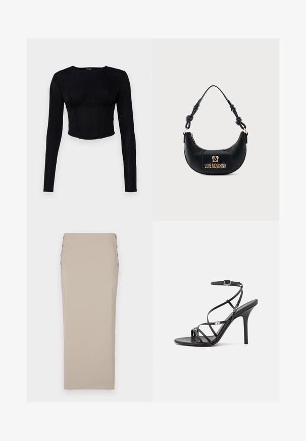 Sort langærmet crop top lavet af tekstureret stof, med en tætsiddende pasform og rynket detaljer ved brystet.; Beige blyantskørt lavet af glat stof, med knapper i siden, en strømlinet silhuet og uden synlige lommer eller mønstre.; Sort højhælet sandal med tynde stropper, en ankelspænde, en glat læderoverflade og en slank stilethæl.; Sort halvmåneformet håndtaske med knyttet håndtag og guld "Love Moschino" logo plaque foran, lynlåslukning øverst.