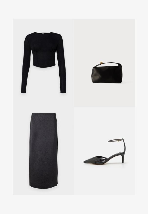 Sort langærmet crop top lavet af tekstureret stof, med en tætsiddende pasform og rynket detaljer ved brystet.; Sort midi-nederdel med en krøllet tekstur, lige snit og sideslids. Materialet virker let. Kantene er let afrundede.; Sort læder højhælet sko med spids tå, åbne sider og en tynd ankelrem med en lille guld detalje.; Sort satinpung med en afrundet form, et håndtag i toppen og en guldaccentlås. Glat tekstur med et minimalistisk design.