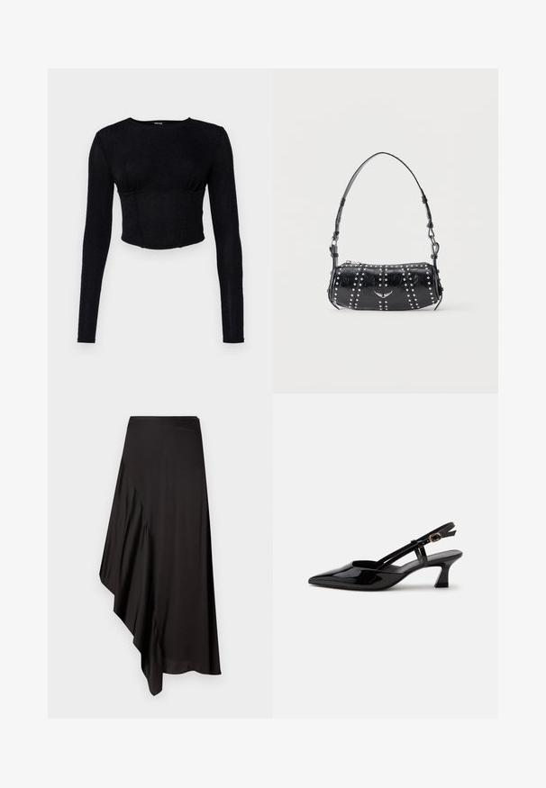Schwarzes Langarm-Crop-Top aus strukturiertem Stoff, mit tailliertem Design und gerafften Details an der Brust.; AERON ASTER SKIRT - Bleistiftrock - black; Schwarzer Slingback-Pumps aus Lackleder mit spitzer Spitze und verstellbarem goldfarbenem Riemen auf weißem Hintergrund.; Schwarze Schultertasche aus Lackleder mit silbernen Nieten in vertikalen Reihen und einem kleinen silbernen Vogel-Emblem in der Mitte vorne.