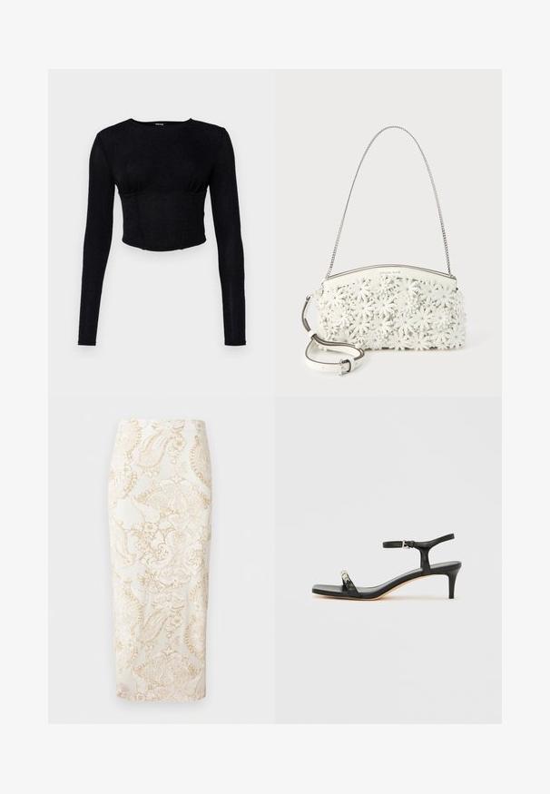 Zwarte lange mouwen crop top van gestructureerde stof, met een getailleerd ontwerp en plooidetails bij de buste.; Witte kokerrok met beige, ingewikkeld bloemen- en paisleypatroon, recht model, tot op de knie.; Zwarte leren sandaal met hak, enkelbandje, open neus, vierkante voorkant en zilverkleurige accenten. Gesloten ontwerp met een slank profiel.; Witte handtas met kettingriem, bedekt met 3D bloemenapplicaties met metalen studs in het midden en een afneembare leren schouderriem.