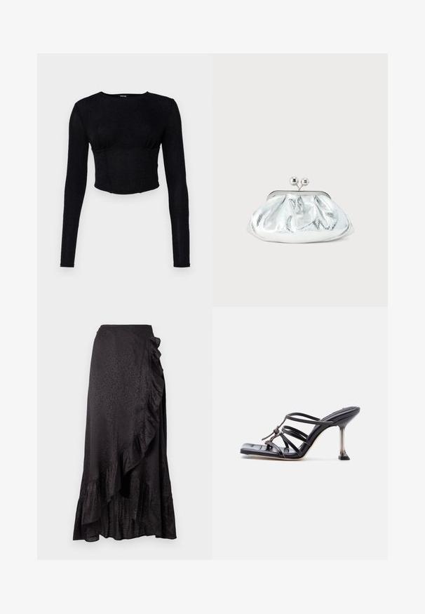 Musta pitkähihainen crop-top, joka on valmistettu teksturoidusta kankaasta. Siinä on istuva muotoilu ja rypytetty yksityiskohta rinnan kohdalla.; Mustapansatinen hame, jossa on röyhelö-helma ja sivuyksityiskohtia. Rakenteellinen leopardikuvio tuo visuaalista kiinnostavuutta. Pitkä, laskostettu siluetti.; Musta korkokengän sandaali, jossa on neliömäinen kärki ja ohut piikkikorko, risteävät hihnat ja yläosassa solmupunos.; Pieni hopeanvärinen metallinen iltalaukku, jossa on pyöreä, poimutettu muotoilu ja nepparikiinnitys, jossa on kaksi hopeista palloa.