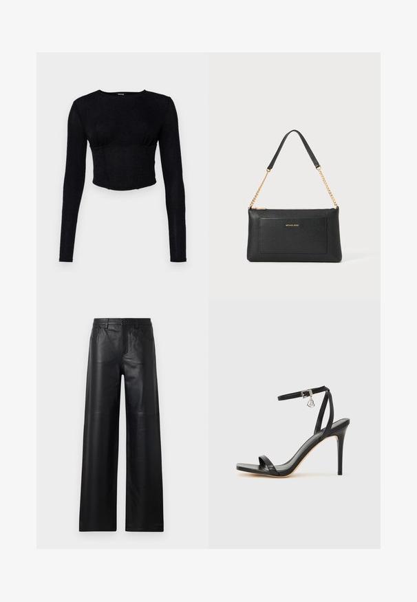 Čierny dlhý rukáv elastický crop top z textúrovanej látky, s priliehavým strihom a zhrnutím v oblasti poprsia.; Čierne kožené nohavice s širokými nohavicami a hladkou textúrou, s prednými vreckami, zapínaním na gombík a jemnými švovými detailmi.; Čierna sandála na vysokom opätku s úzkym remienkom okolo členka, štvorcovou špičkou, hladkým koženým materiálom a kovovým zapínaním.; Čierna kožená kabelka s textúrou kamienkov, zlatým reťazovým popruhom a prednou vreckou. Na prednej strane sa nachádza zlaté logo.