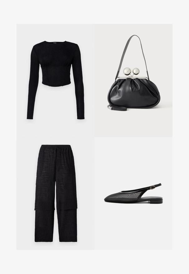 Zwarte lange mouwen crop top van gestructureerde stof, met een getailleerd ontwerp en plooidetails bij de buste.; Henrik Vibskov SHANTS PANTS - Broek - black; Zwarte slingback platte schoen met puntige neus, mesh bovenwerk, verstelbare gespsluiting en lage gestapelde hak op witte achtergrond.; Zwarte leren handtas met een geplooid ontwerp, een enkele schouderband, zilverkleurige metalen omlijsting en twee grote ronde zilveren sluitingen.