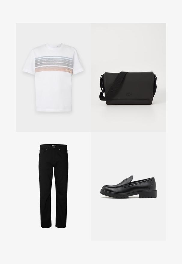T-shirt blanc à manches courtes présentant des rayures horizontales bleu clair, gris et orange. Conçu dans un ajustement standard avec un col ribbed.; Jean noir droit avec fermeture par bouton et zip, passants pour ceinture, poches avant et arrière, présenté sur un fond blanc uni.; Mocassins en cuir noir avec un bout arrondi, un design à enfiler et une semelle en caoutchouc épaisse avec une texture antidérapante. Talon surélevé et détails de surpiqûre subtils.; Lacoste MESSENGER BAG MEN CLASSIC - Sac bandoulière - noir