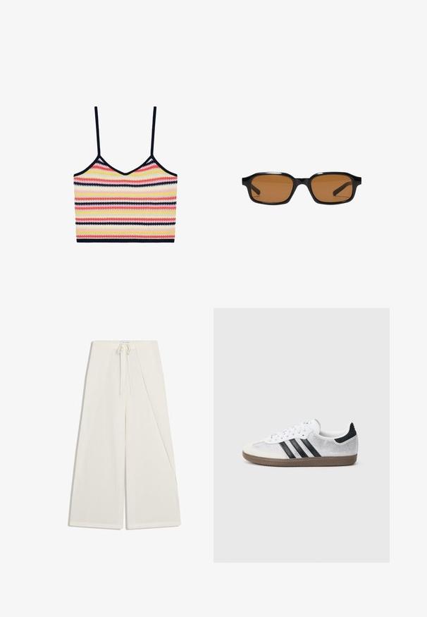 Crop top tricoté avec fines bretelles noires et rayures horizontales multicolores en rose, jaune, blanc, rouge et noir motif zigzag.; Pantalon blanc à jambes larges avec un rabat asymétrique à l'avant et une taille à cordon.; Baskets en mesh blanc avec des rayures noires, un embout en daim beige et un accent sur le talon, semelle en caoutchouc texturée, et lacets blancs. Design classique à tige basse.; Lunettes de soleil rectangulaires noires avec des montures épaisses et des verres teintés marron, vues de face sur un fond blanc.