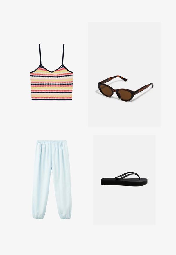 Stripet crop top med v-udskæring, prydet med zigzag mønstre i pink, gul og marineblå på et strikket stof. Justerbare stropper inkluderet.; Lyseblå elastiske bukser i taljen og ved anklerne med løs pasform, lavet af lette stoffer.; Sort gummiflipflop med tekstureret sål og Y-formet rem, vist i sideprofil mod en ensartet lys baggrund.; Brune skildpadde solbriller med en vintage katteøje-form og brune linser. Har buede arme med røde detaljer.