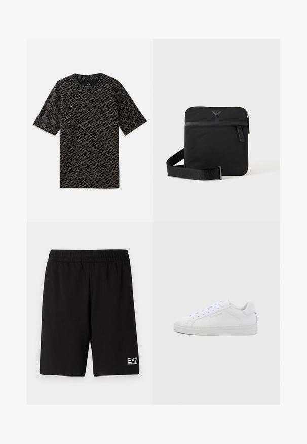 Sort T-shirt med et heloverde geometrisk mønster i guld. Korte ærmer, rund hals, letvægtsstof, afslappet pasform.; Sorte atletiske shorts lavet af blødt stof, med elastisk talje og et lille hvidt logo i nederste højre hjørne.; Hvide sneakers i lav model og læder med rund snude, flade snørebånd, tekstureret sål og diskret guldfarvet logo på siden. Glat overflade og minimalistisk design.; Sort firkantet skuldertaske med lynlås, frontlomme og justerbar rem med præget brandnavn.