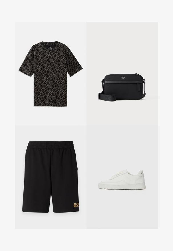 Schwarzes T-Shirt mit einem durchgehenden geometrischen Muster in Gold. Kurze Ärmel, runder Ausschnitt, leichtes Material, lässige Passform.; Schwarze Sportshorts aus weichem Material, mit einem elastischen Bund und einem kleinen gelben EA7-Logo am unteren linken Bein.; Weiße Ledersneaker mit glatter Oberfläche, runder Zehenpartie, flachen Schnürsenkeln und strukturiertem Sohlenprofil. Mit einem dezenten Logo an der Ferse.; Schwarze rechteckige Umhängetasche mit vorderer Reißverschlusstasche, verstellbarem Schultergurt und kleinem Metalllogo oben in der Mitte.