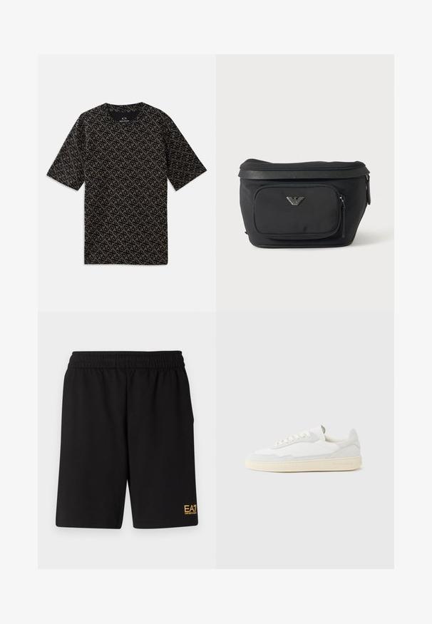 Schwarzes T-Shirt mit einem durchgehenden geometrischen Muster in Gold. Kurze Ärmel, runder Ausschnitt, leichtes Material, lässige Passform.; Schwarze Sportshorts aus weichem Material, mit einem elastischen Bund und einem kleinen gelben EA7-Logo am unteren linken Bein.; Weißer Sneaker mit strukturiertem Obermaterial aus Wildleder und Leder. Verfügt über eine runde Zehenpartie, Schnürverschluss und eine kontrastierende beige Gummisohle.; Schwarze Bauchtasche mit Frontreißverschlusstasche und silbernem Adlerlogo, glattes Gewebe mit strukturiertem Besatz und Reißverschlussanhängern.