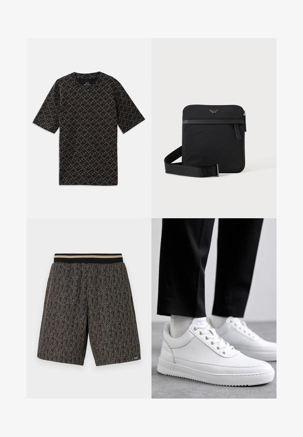 Schwarzes T-Shirt mit einem durchgehenden geometrischen Muster in Gold. Kurze Ärmel, runder Ausschnitt, leichtes Material, lässige Passform.; Schwarze Shorts mit einem strukturierten Muster aus diagonalen Linien und dem Text "EAT" in Beige. Elastischer Bund mit kontrastierenden Streifen.; Weiße Leder-Sneaker mit flacher Gummisohle, ausgestattet mit einer glatten Oberfläche, runder Zehenpartie und Metallösen für die Schnürsenkel. Getragen mit schwarzen Hosen.; Schwarze quadratische Schultertasche mit Reißverschluss, Vordertasche und verstellbarem Riemen mit eingeprägtem Markennamen.