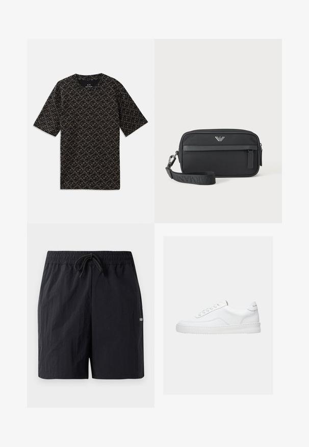 T-shirt noir avec un motif géométrique doré en all-over. Manches courtes, col rond, tissu léger, coupe décontractée.; Shorts de bain noirs en tissu texturé, avec une taille élastique à cordon de serrage et un petit logo sur le côté.; Baskets basses blanches avec un design à lacets, dessus en cuir lisse et semelle épaisse, montrées de profil sur un fond uni.; Petit sac bracelet rectangulaire noir avec poche avant zippée, emblème logo argenté et bandoulière amovible avec texte de marque.