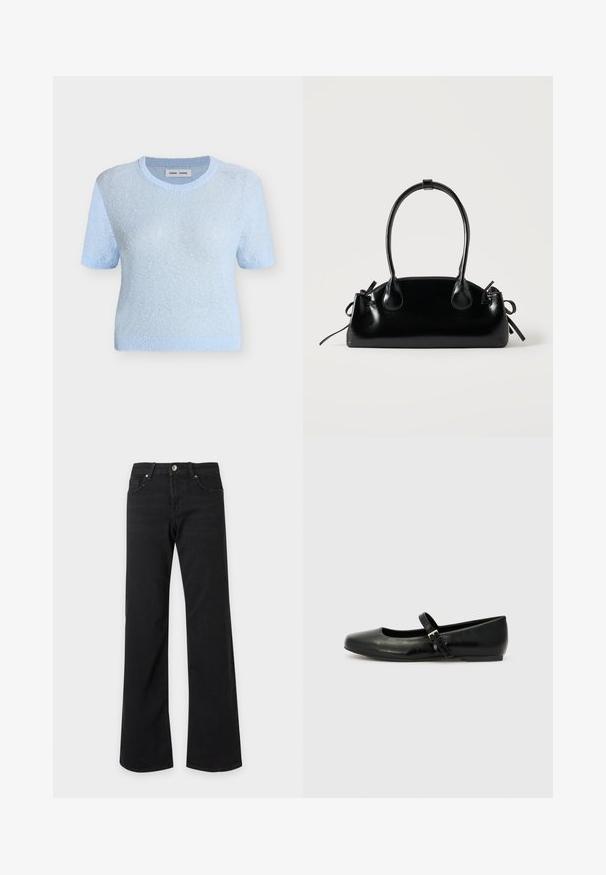 Pull tricoté bleu clair à manches courtes avec encolure, poignets et ourlet en bord-côtes, présenté sur un fond blanc uni.; Jean noir taille haute avec jambes droites et larges, poches avant, passants de ceinture et fermeture par bouton métallique sur fond blanc.; Ballerines en cuir noir avec un bout arrondi, une semelle plate et une fine sangle ajustable sur le cou-de-pied avec une boucle en métal.; Petit sac à main noir brillant avec deux longues anses et des détails à cordon sur les côtés sur un fond clair uni.