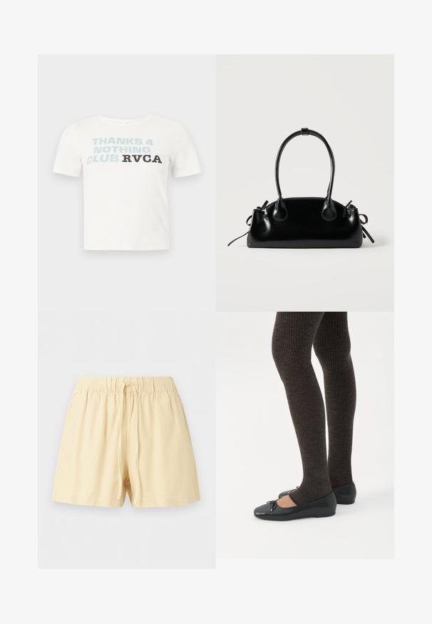 T-shirt blanc à manches courtes avec le texte "THANKS 4 NOTHING CLUB RVCA" imprimé sur la poitrine en lettres bleues et noires.; Shorts beige en coton avec taille élastique et cordon à l'avant, conçus pour un usage décontracté.; Jambes portant des leggings côtelés foncés associés à des ballerines noires avec de petits détails en nœud sur fond blanc.; Petit sac à main noir brillant avec deux longues anses et des détails à cordon sur les côtés sur un fond clair uni.