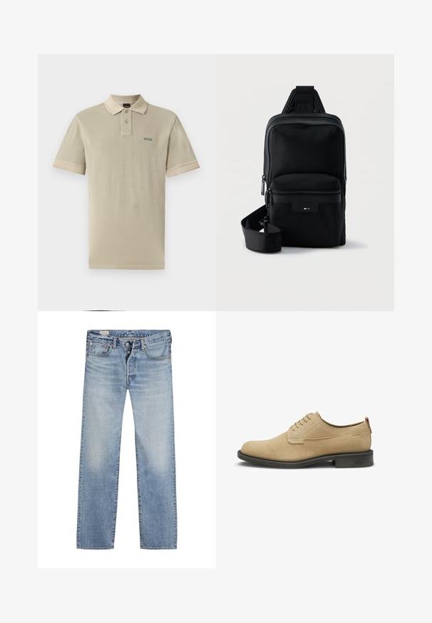Beige poloshirt van katoen met een contrasterende kraag en mouwboorden. Heeft een groen "BOSS" logo op de linkerkant van de borst.; Lichtblauwe spijkerbroek met een rechte pijp, voorzien van een knoopsluiting, een vijf-pocket ontwerp en een vervaagde textuur langs de dijen.; Beige suède veterschoen met zwarte zool, lage hak en gestikte details, voorzien van een klein lusje aan de achterkant.; Zwarte compacte crossbodytas met voorvak met ritssluiting, verstelbare riem en gestructureerde stof op een effen achtergrond.