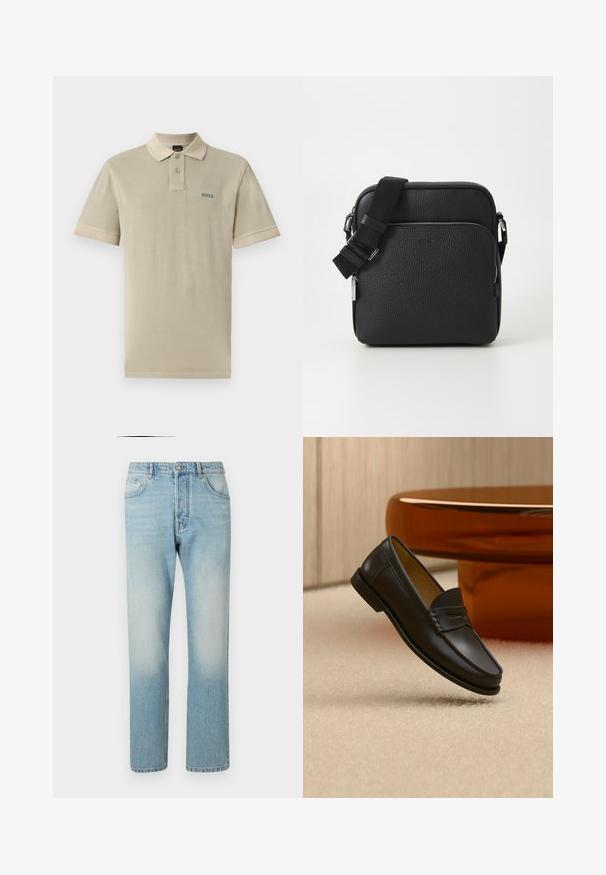 Beige polo shirt lavet af bomuld med en kontrasterende krave og ærmekanter. Har et grønt "BOSS" logo på venstre bryst.; Lyseblå jeans lavet af denim, med et lige ben-design, fem lomme-struktur og falmet vaskeffekt ved lårene.; Sort læder loafer-sko hængende over beige tæppe med ravfarvet moderne møblement i baggrunden.; Sorth læder crossover taske med en tekstureret overflade, der har en frontlomme med lynlås, justerbar strop og metal hardware detaljer.