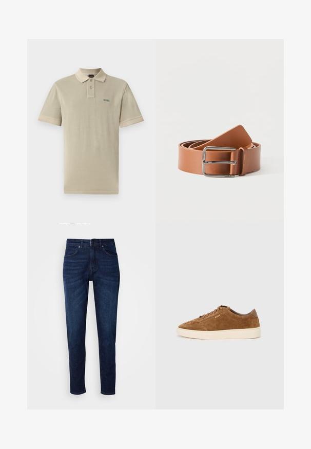 Camisa polo beige de algodón con un color de contraste en el cuello y los puños de las mangas. Presenta un logo verde de "BOSS" en el lado izquierdo del pecho.; Jeans de mezclilla azul oscuro con un diseño de pierna recta, que cuentan con bolsillos y un cierre de botón en la cintura. Textura suave, detalles de desvanecimiento mínimos.; Zapatilla de ante marrón con punta redondeada, suela de goma crema y cordones tonales. Presenta un logo en relieve en el lateral y un panel trasero liso.; Cinturón de cuero marrón claro enrollado con una hebilla de metal rectangular plateada brillante sobre un fondo blanco.