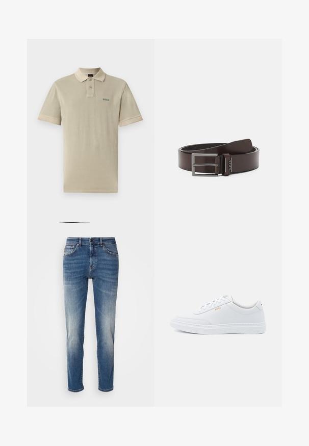 Beige poloshirt van katoen met een contrasterende kraag en mouwboorden. Heeft een groen "BOSS" logo op de linkerkant van de borst.; Blauwe denim jeans met een recht model, lichte vervaging, klassieke vijf-pocketstijl en een ritssluiting met knoopsluiting.; Witte leren sneakers met een gladde textuur, ronde neus en tonale stiksels. Voorzien van blauwe veters en een gouden logo op de zijkant.; Bruine leren riem met een gladde textuur, voorzien van een zilverkleurige metalen gesp en logo-detail. Klassiek ontwerp, stevig en flexibel.