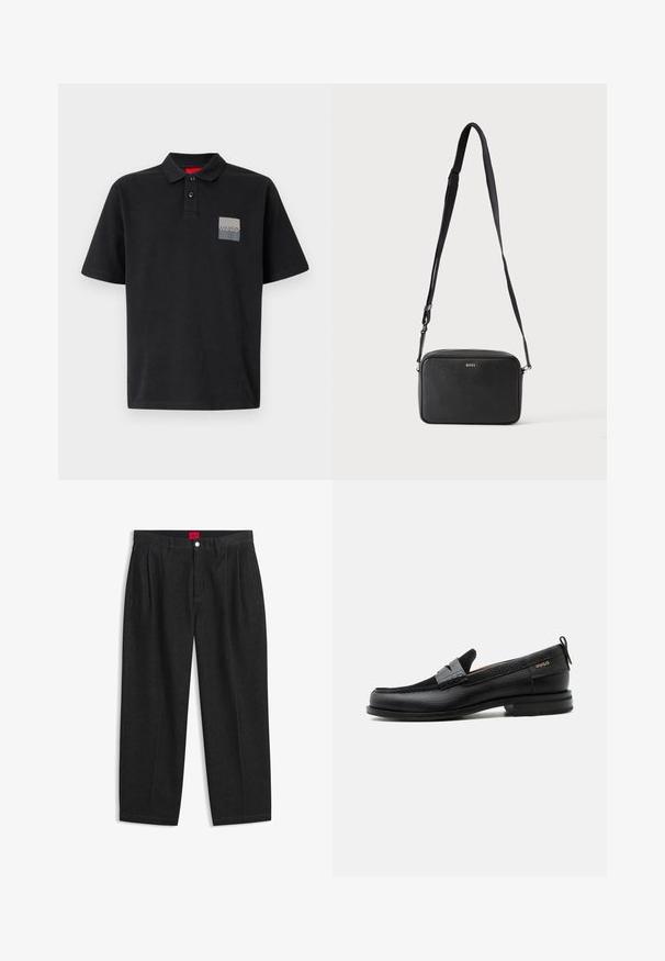 Zwarte polo shirt van katoen met een kraag met twee knopen, korte mouwen en een grijze rechthoekige logopatch op de linkerkant van de borst.; Zwarte hoge taille broek met plooien aan de voorkant, ceintuurlussen, een knoop- en ritsluiting, en een rood label aan de binnenkant van de tailleband.; Zwarte leren loafer met grijs riemdetailelement, lage hak en gestructureerde zool, aan de zijkant gebrandmerkt met "HUGO" in goud.; Zwarte rechthoekige crossbodytas met verstelbare band en BOSS-logo aan de voorkant, tegen een effen lichte achtergrond.