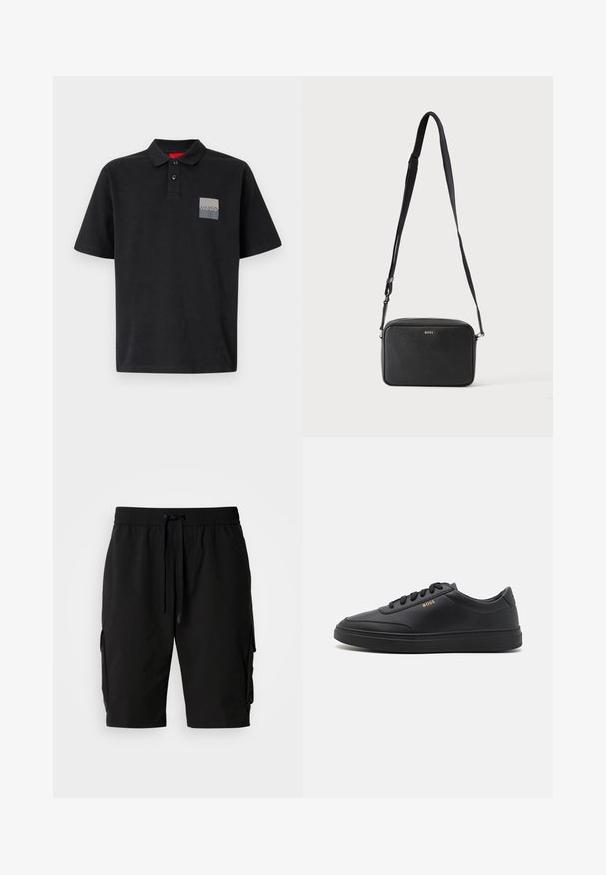 Schwarzes Polo-Shirt aus Baumwolle mit einem Kragen mit zwei Knöpfen, kurzen Ärmeln und einem grauen rechteckigen Logo-Patch auf der linken Brust.; Schwarze Cargo-Shorts aus leichtem Material, mit elastischem Bund, Kordelzug und seitlichen Cargo-Taschen für zusätzlichen Stauraum.; Schwarze Leder-Sneaker mit glatter Textur, runder Zehenpartie, flacher Gummisohle und einfarbigen Schnürsenkeln. Mit goldfarbenem "BOSS" Logo an der Seite.; Schwarze rechteckige Umhängetasche mit verstellbarem Riemen und BOSS-Logo auf der Vorderseite, vor einem einfarbigen hellen Hintergrund.