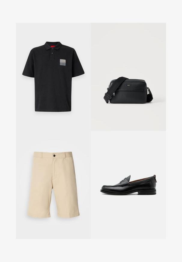 Zwarte polo shirt van katoen met een kraag met twee knopen, korte mouwen en een grijze rechthoekige logopatch op de linkerkant van de borst.; Beige shorts gemaakt van lichte stof, met een platte voorkant, een standaard tailleband met knoopsluiting en een rechte zoom.; Zwarte leren herensloffen met moc toe stiksel, pennyriem, gestructureerde kraag en lage gestapelde hak op witte achtergrond.; Zwarte gestructureerde leren crossbodytas met voorvak met ritssluiting en verstelbare brede stoffen schouderband op een witte achtergrond.