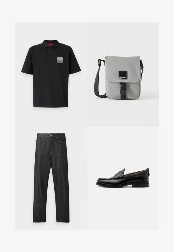 Zwarte polo shirt van katoen met een kraag met twee knopen, korte mouwen en een grijze rechthoekige logopatch op de linkerkant van de borst.; Zwarte spijkerbroek met rechte pijpen, voorzien van een knoopsluiting aan de voorkant, vijf zakken en subtiele stiksel details.; Zwarte leren herensloffen met moc toe stiksel, pennyriem, gestructureerde kraag en lage gestapelde hak op witte achtergrond.; Grijze crossbodytas met zwarte verstelbare band, voorflap beveiligd met een zwarte gesp, met een vierkante Karl Lagerfeld Jeans logo patch.