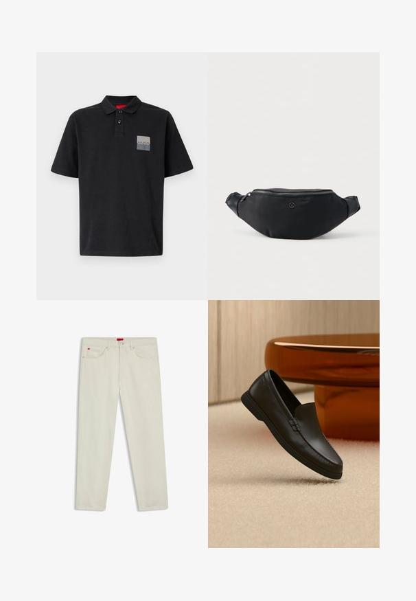 Sort polo shirt lavet af bomuld med en krave med to knapper, korte ærmer og en grå rektangulær logopatch på venstre bryst.; Beige jeans med lige ben, foran med knap og lynlås, bæltestropper og fem-lommer design, inklusive små røde mærkatag.; Sort læder slip-on loafer vist på beige tæppe ved siden af et buet borde af ravfarvet glas i et rum med neutrale toner.; Sort nylon bæltetaske med læderaccents, sølv lynlås lukning og lille rundt logo foran, vist mod en hvid baggrund.