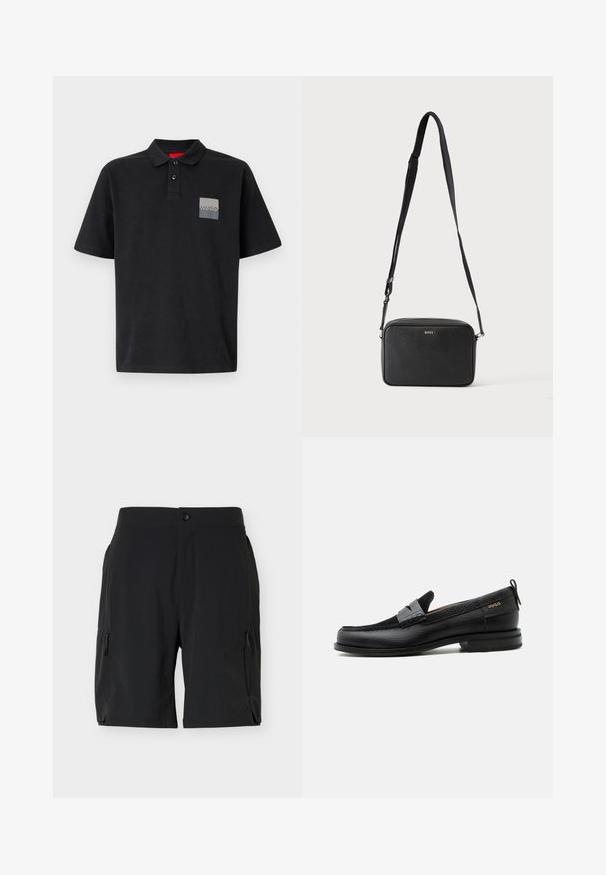 Camisa polo negra de algodón con un cuello de dos botones, mangas cortas y un parche rectangular gris en el lado izquierdo del pecho.; Pantalones cortos negros hasta la rodilla con bolsillos laterales con cremallera y cierre de botón en la cintura, exhibidos sobre un fondo blanco liso.; Mocasín de cuero negro con detalle de tira gris, tacón bajo y suela texturizada, con la marca "HUGO" en oro en el lateral.; Bolso bandolera rectangular negro con correa ajustable y logo BOSS en la parte delantera, sobre un fondo claro liso.