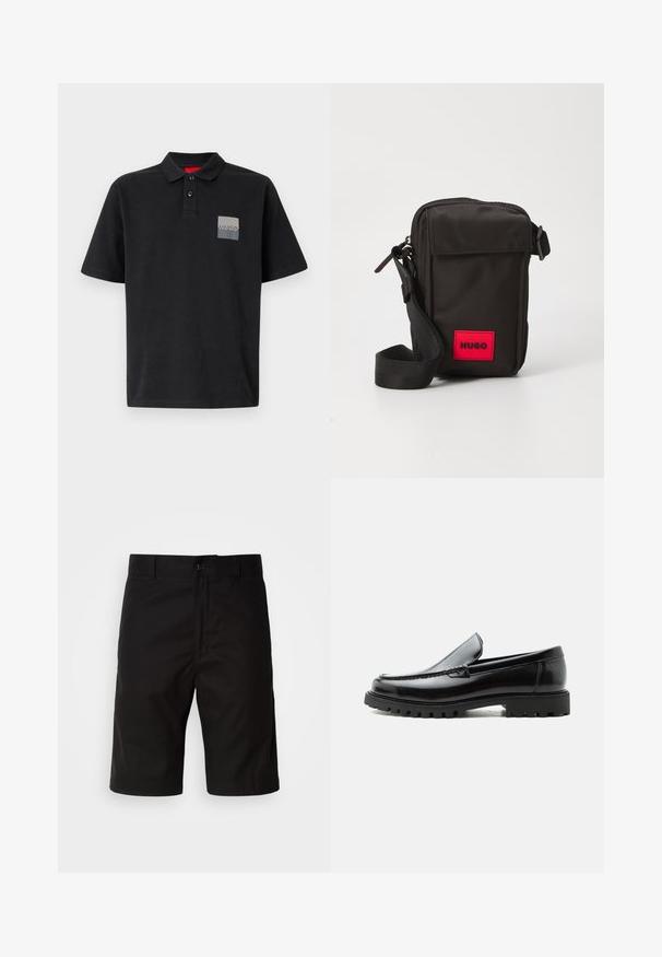 Sort polo shirt lavet af bomuld med en krave med to knapper, korte ærmer og en grå rektangulær logopatch på venstre bryst.; Sorte shorts lavet af ensartet stof, med lige snit, knaplukning og en glat tekstur uden synlige mønstre.; Sort læderloafer med chunky gummisål, syet overdel og præget mærkenavn på hælen, vist i sideprofil på hvid baggrund.; Sort stof crossbody tas med et rødt logo patch, med en lynlåslukning på toppen, en frontlomme med klap og en justerbar rem.