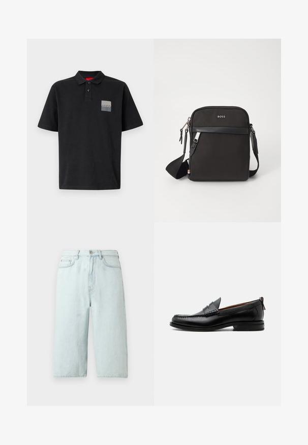 Schwarzes Polo-Shirt aus Baumwolle mit einem Kragen mit zwei Knöpfen, kurzen Ärmeln und einem grauen rechteckigen Logo-Patch auf der linken Brust.; Hellblaue Jeansshorts mit geradem Bein, mittlerer Bundhöhe, vorderen Taschen und einer einzelnen Gesäßtasche, veredelt mit dezenter Naht.; Schwarzer Leder-Herrenschuh mit Mokassinnaht, Penny-Riemen, strukturiertem Kragen und niedrigem gestapeltem Absatz auf weißem Hintergrund.; Schwarze Umhängetasche aus strukturiertem Stoff, mit Logo auf der Vorderseite, Reißverschluss und verstellbarem Tragegurt. Verfügt über eine glatte Lederbesatz.